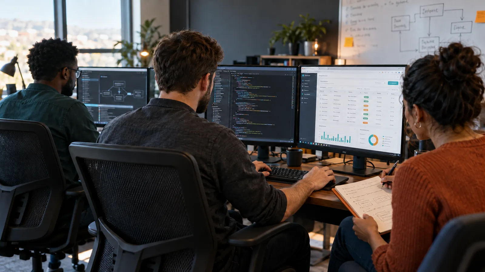 AI-generated scene of a software team reviewing code and a business application on desktop monitors while a colleague records requirements.