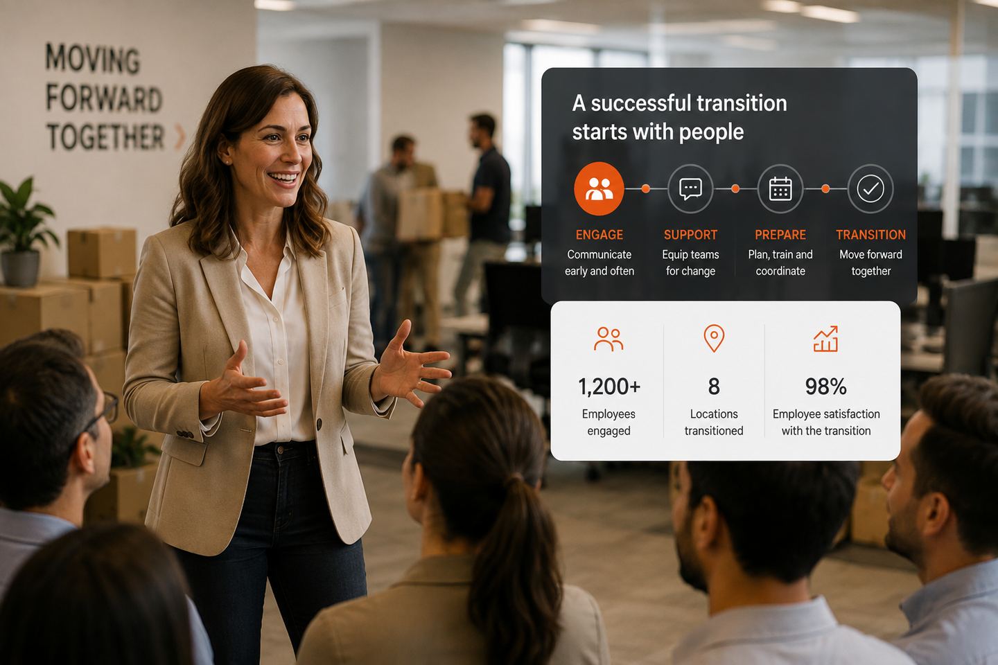 Business leader engaging employees during a workplace transformation programme supported by AO digital change management technology.