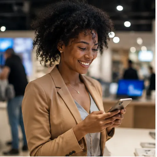 Retail customer reviewing products on a smartphone in a modern store.
