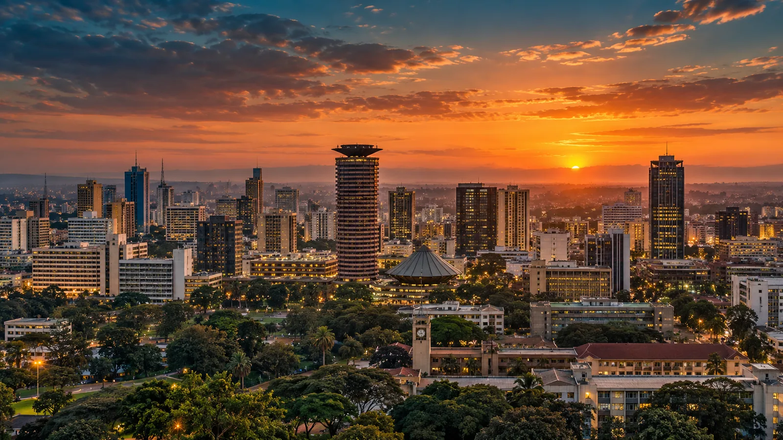 AI-generated illustration of Nairobi’s skyline at sunset, with city buildings beneath an orange and deep blue sky.