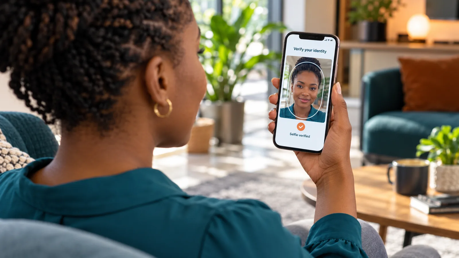 AI-generated illustration of a woman holding a smartphone displaying her selfie during an identity-verification check.