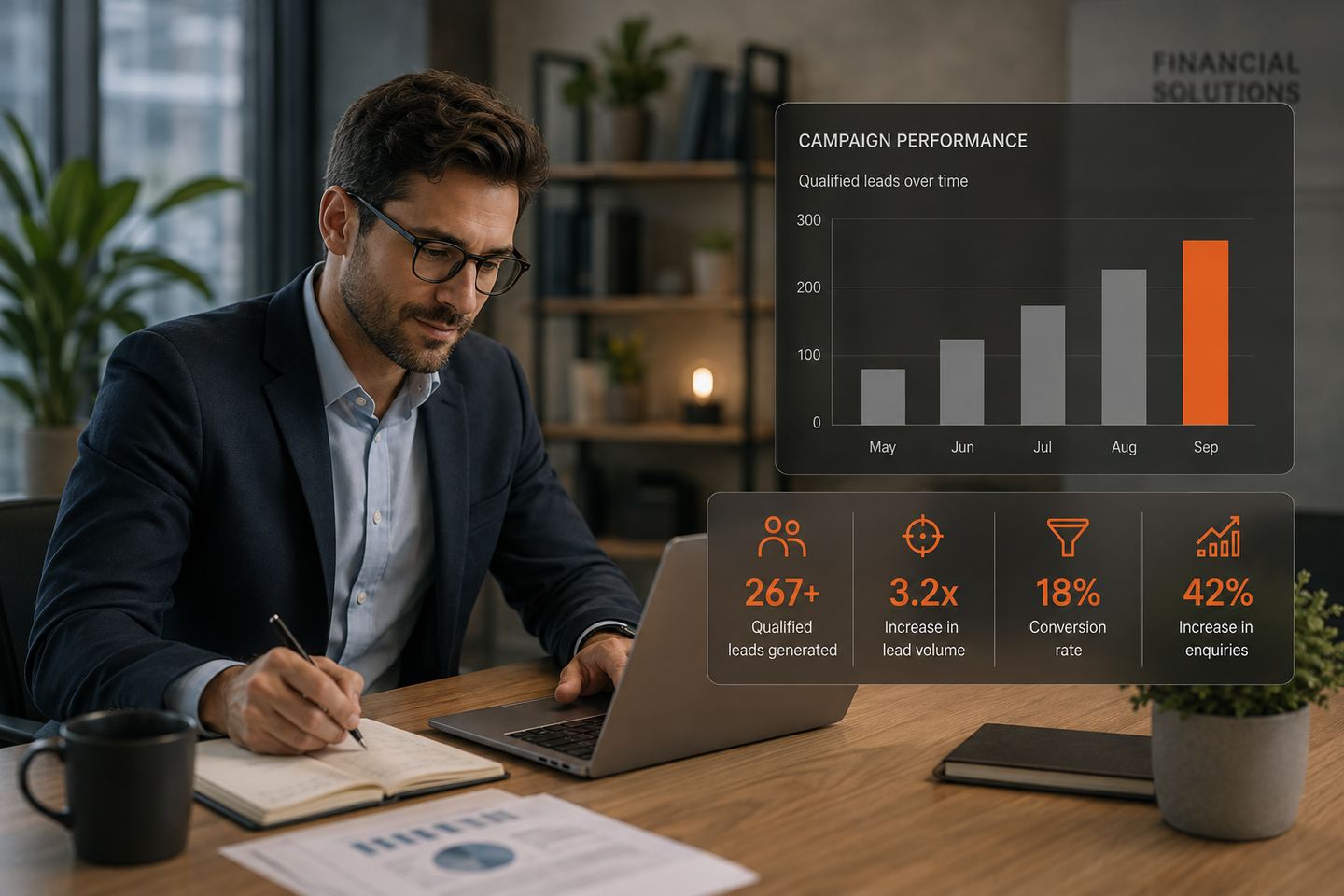 Financial services marketer reviewing qualified lead performance on a campaign analytics dashboard delivered by AO.