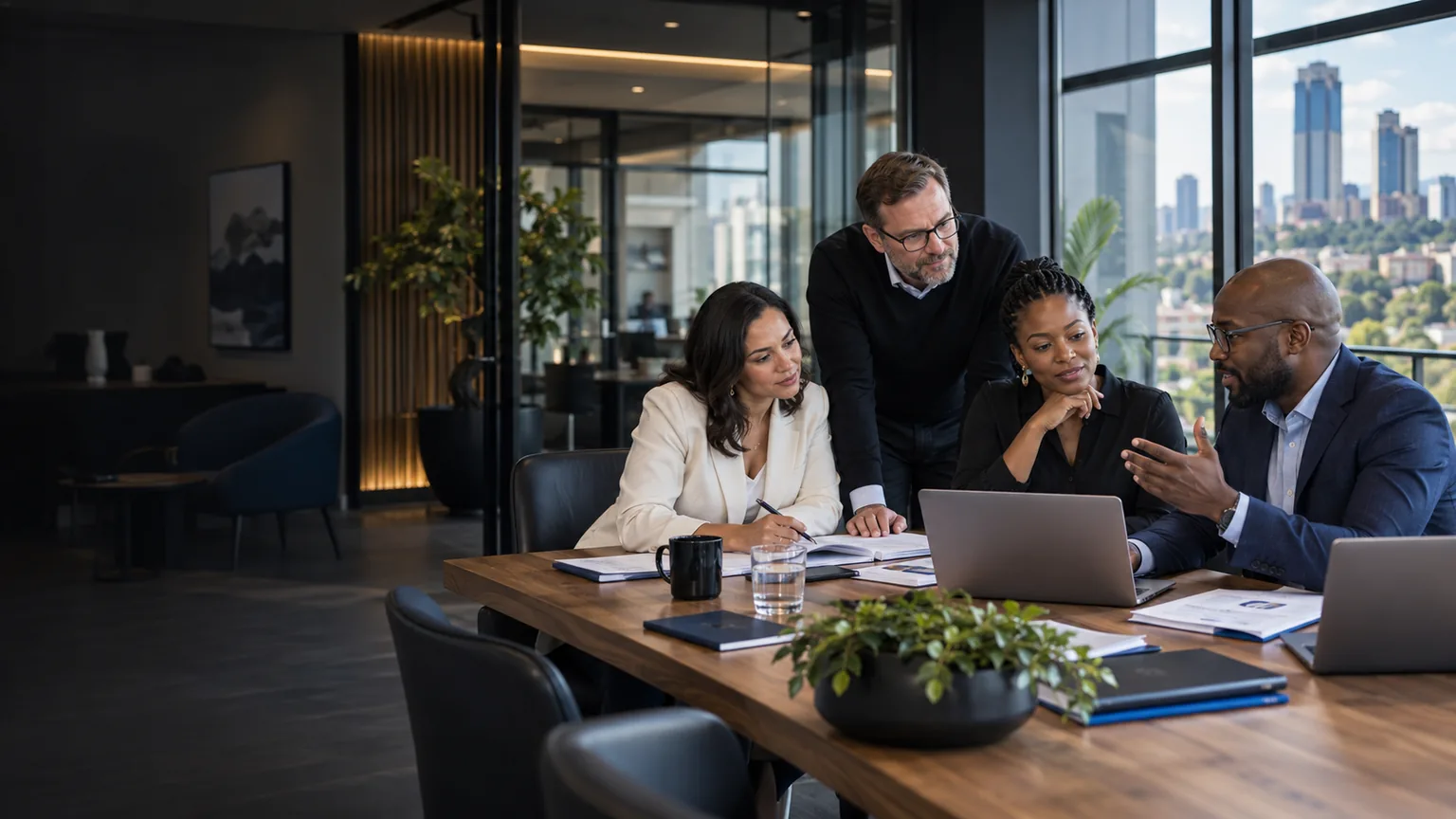 Four colleagues reviewing figures together on a laptop around a boardroom table in a modern city office.
