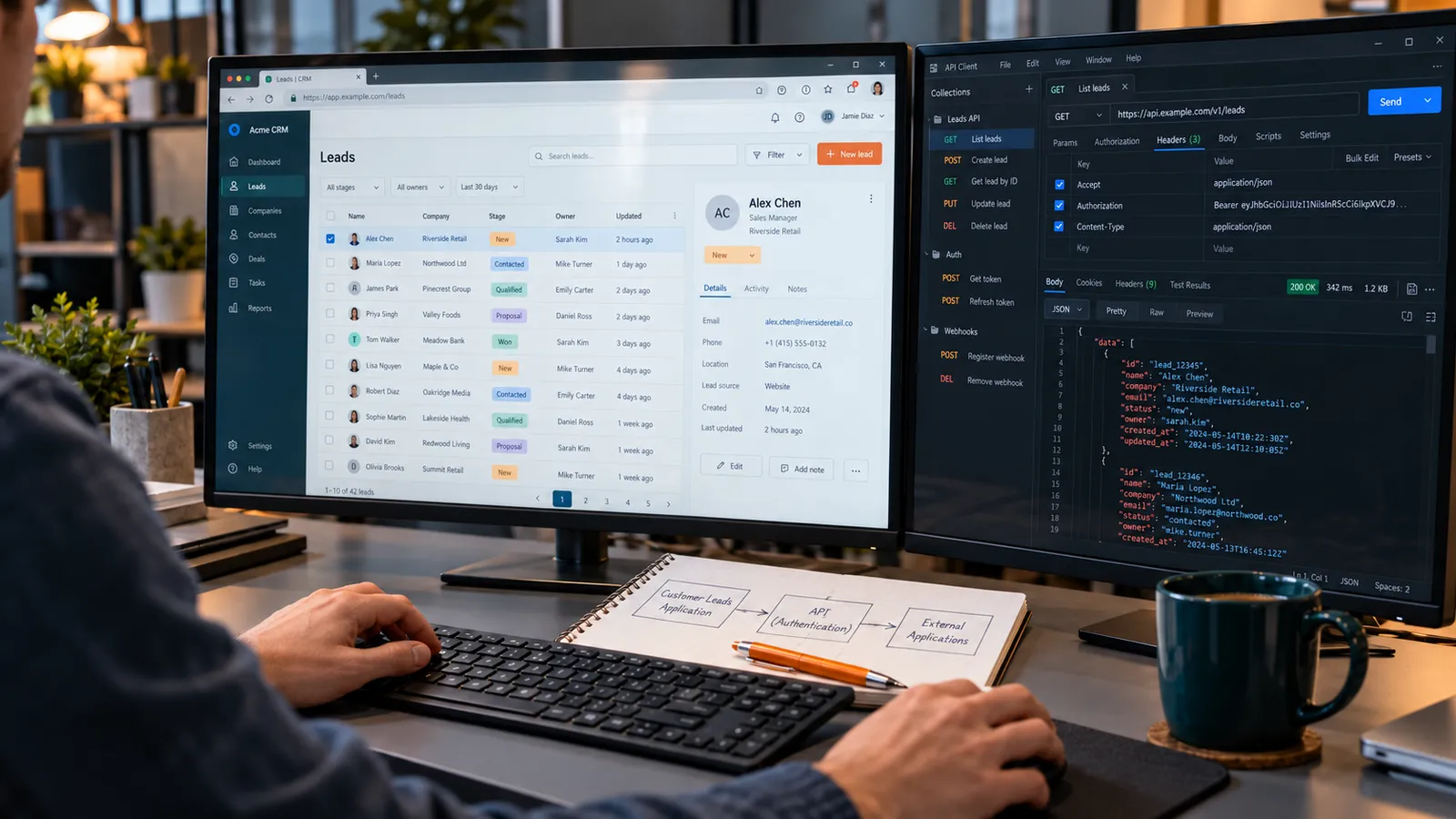 AI-generated scene of a developer using two monitors showing a lead management application and an API testing interface.