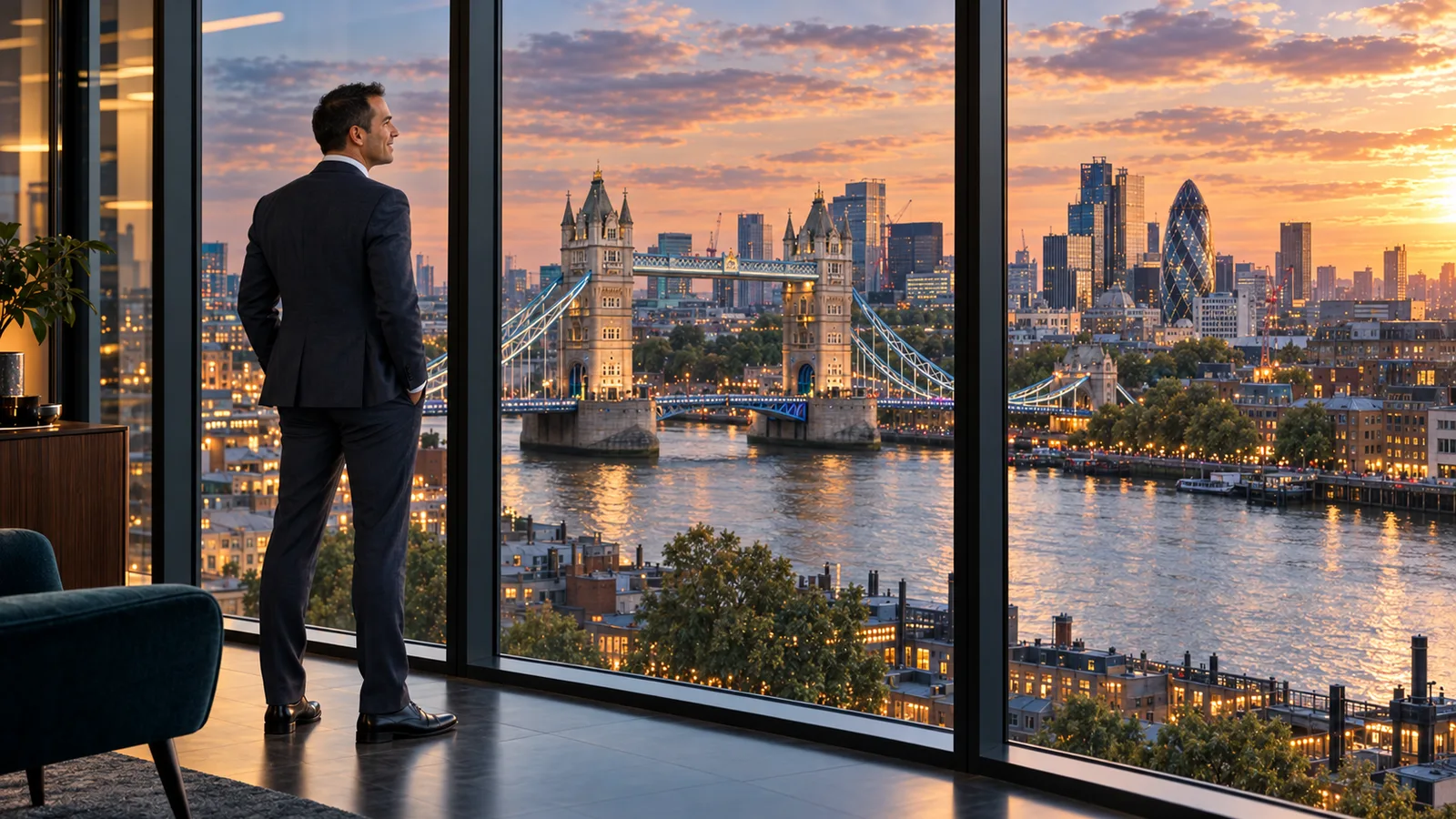AI-generated illustration of Pieter du Toit standing beside office windows overlooking Tower Bridge and the London skyline at dusk.