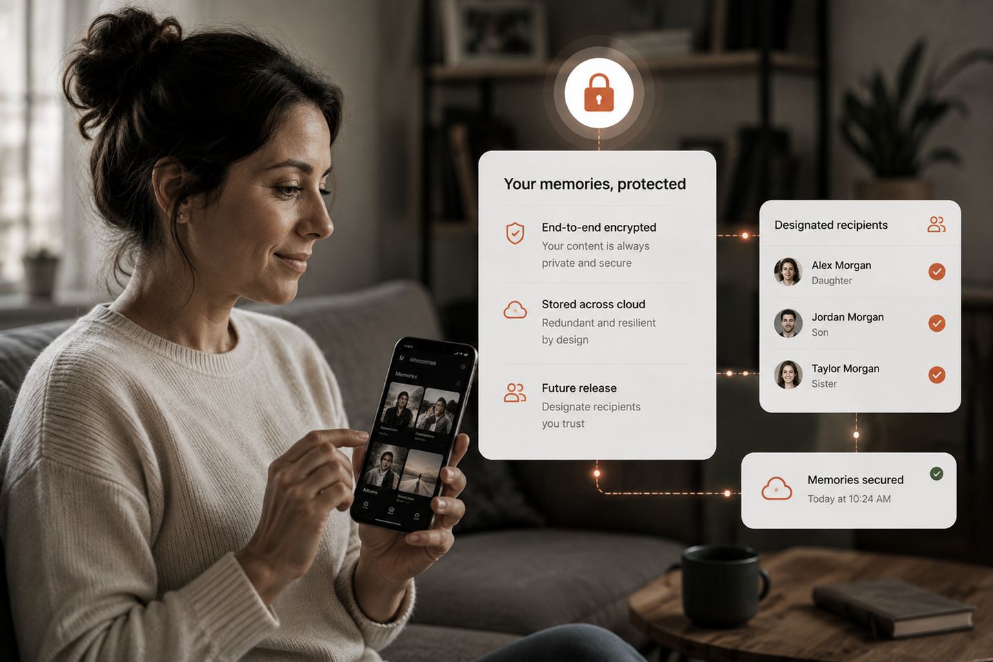 Consumer securely managing encrypted digital memories and future content release through a protected cloud platform engineered by AO.
