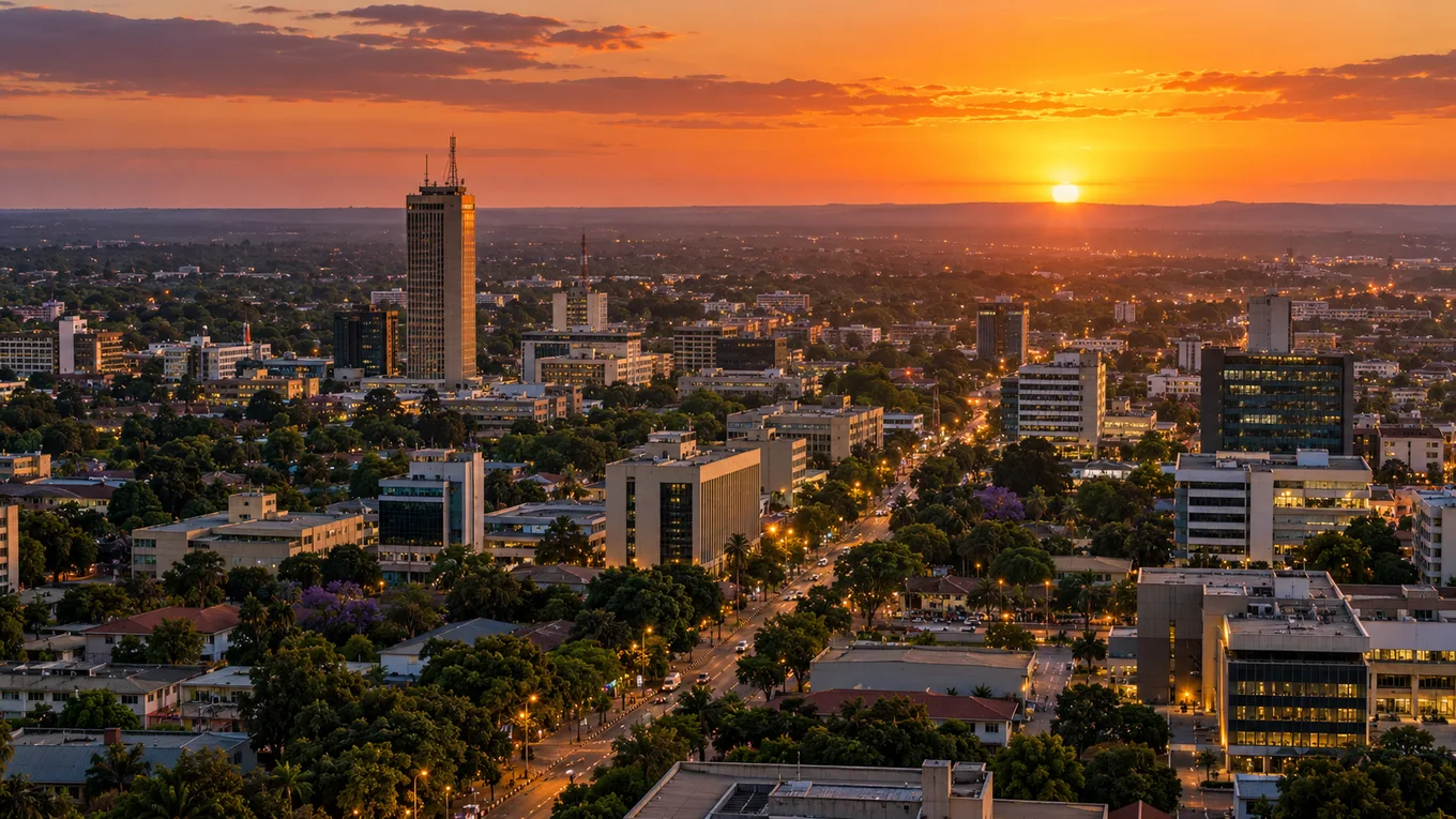 AI-generated illustration of Lusaka’s skyline at sunset, with office buildings and tree-lined streets beneath an orange sky.