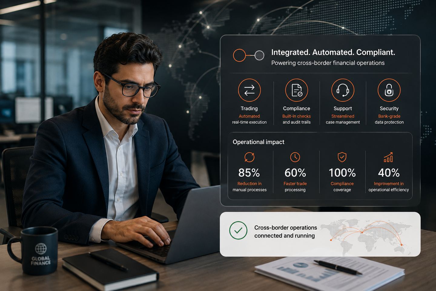 Finance operations specialist overseeing automated cross-border trading, compliance and settlement workflows delivered by AO.