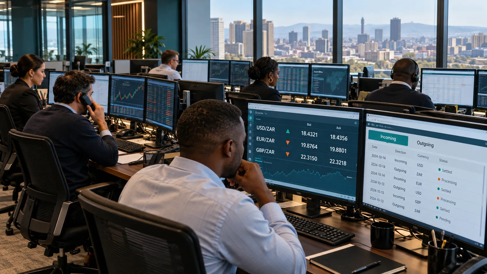 AI-generated illustration of a foreign-exchange trading floor with screens showing ZAR currency pairs and incoming and outgoing transfer workflows.