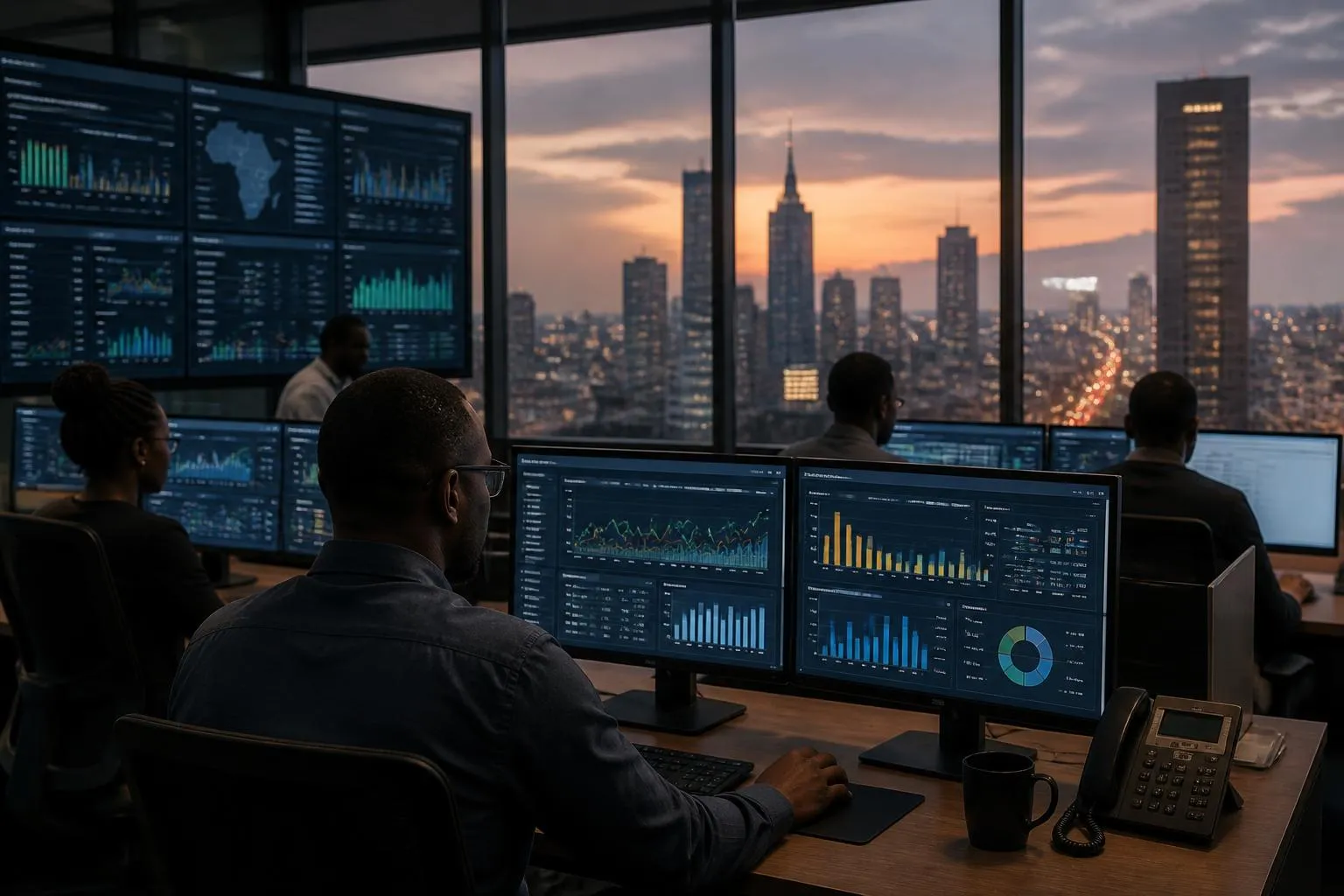 Financial technology specialists reviewing real-time transaction monitoring data.