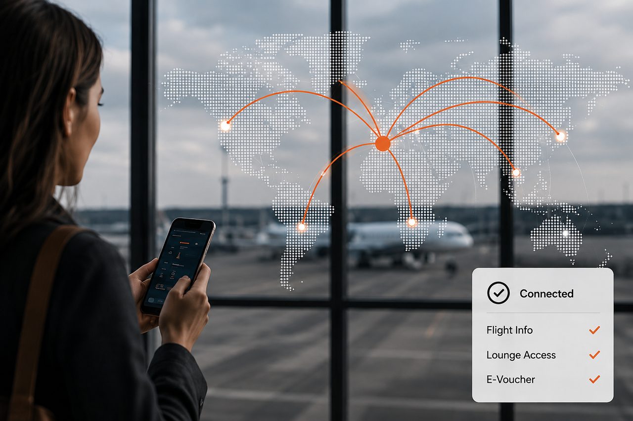 Airport traveller using a mobile application connected to global travel APIs and digital loyalty services delivered by AO.