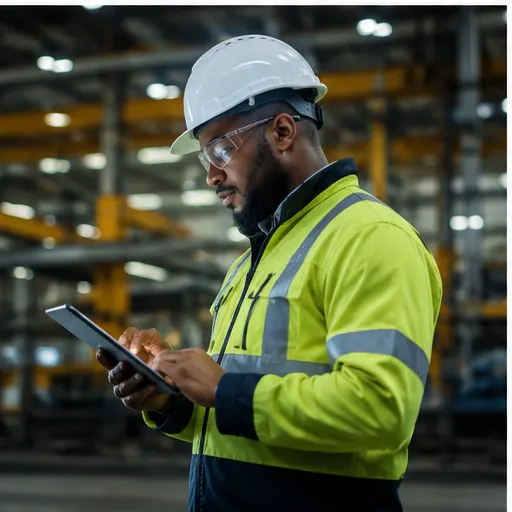 Industrial professional using a tablet on an operational plant floor.