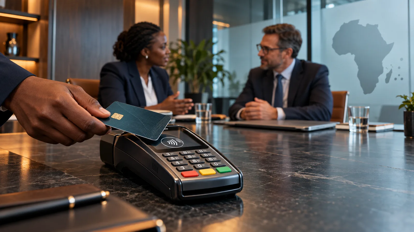AI-generated illustration of a bank card held above a payment terminal, with two business professionals and an Africa motif in the background.