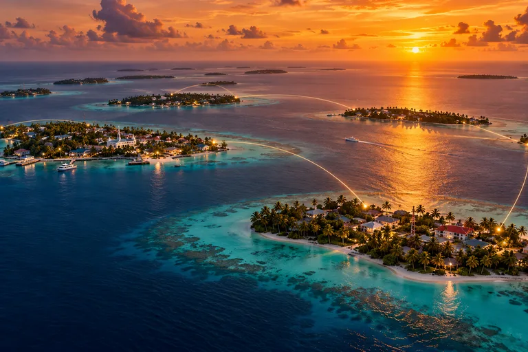 AI-generated illustration of Maldivian islands at sunset, with light trails suggesting digital connections between island communities.