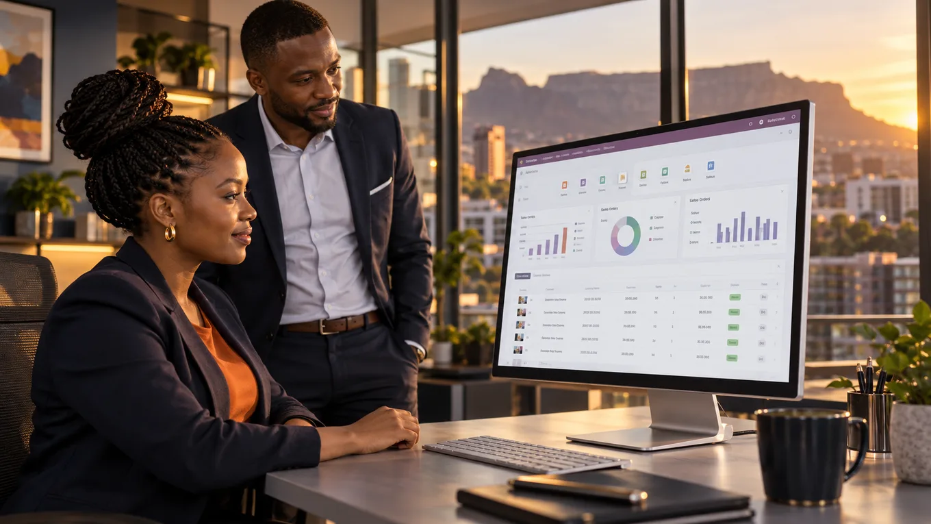 AI-generated illustration of two business professionals reviewing an ERP-style dashboard in an office.
