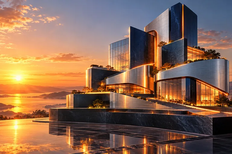 AI-generated conceptual illustration of connected architectural forms rising together, with orange light symbolising organisational growth.
