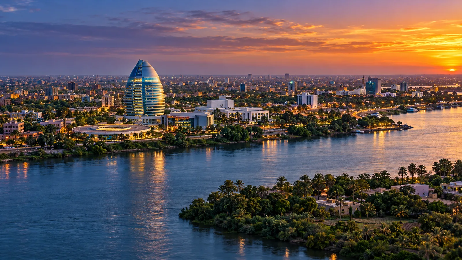 AI-generated illustration of a Khartoum riverfront cityscape at dusk, with warm lights reflected on the water.