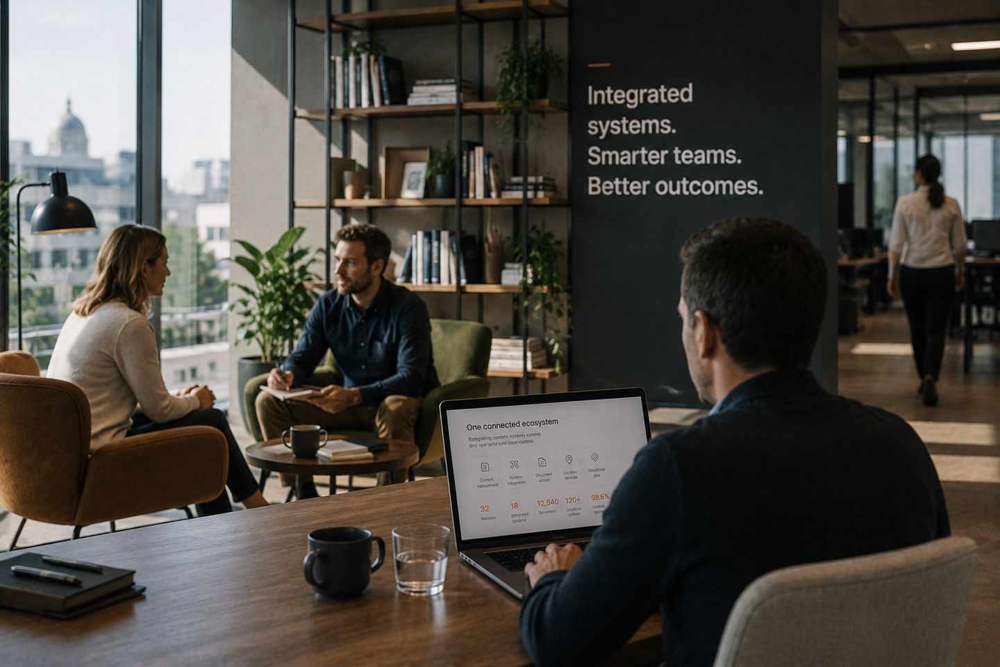 Enterprise team collaborating around an integrated digital platform connecting content, systems, documents and operational information.