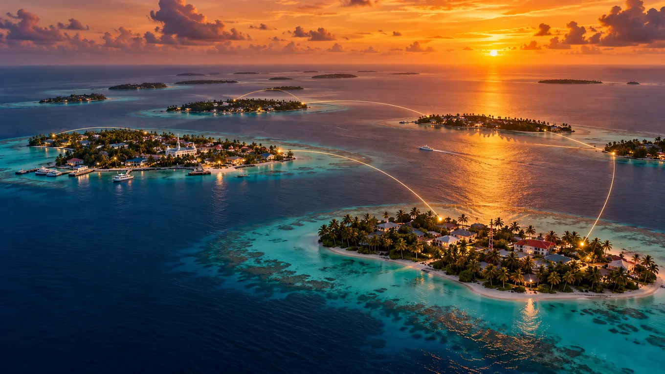 AI-generated illustration of Maldivian islands at sunset, with light trails suggesting digital connections between island communities.