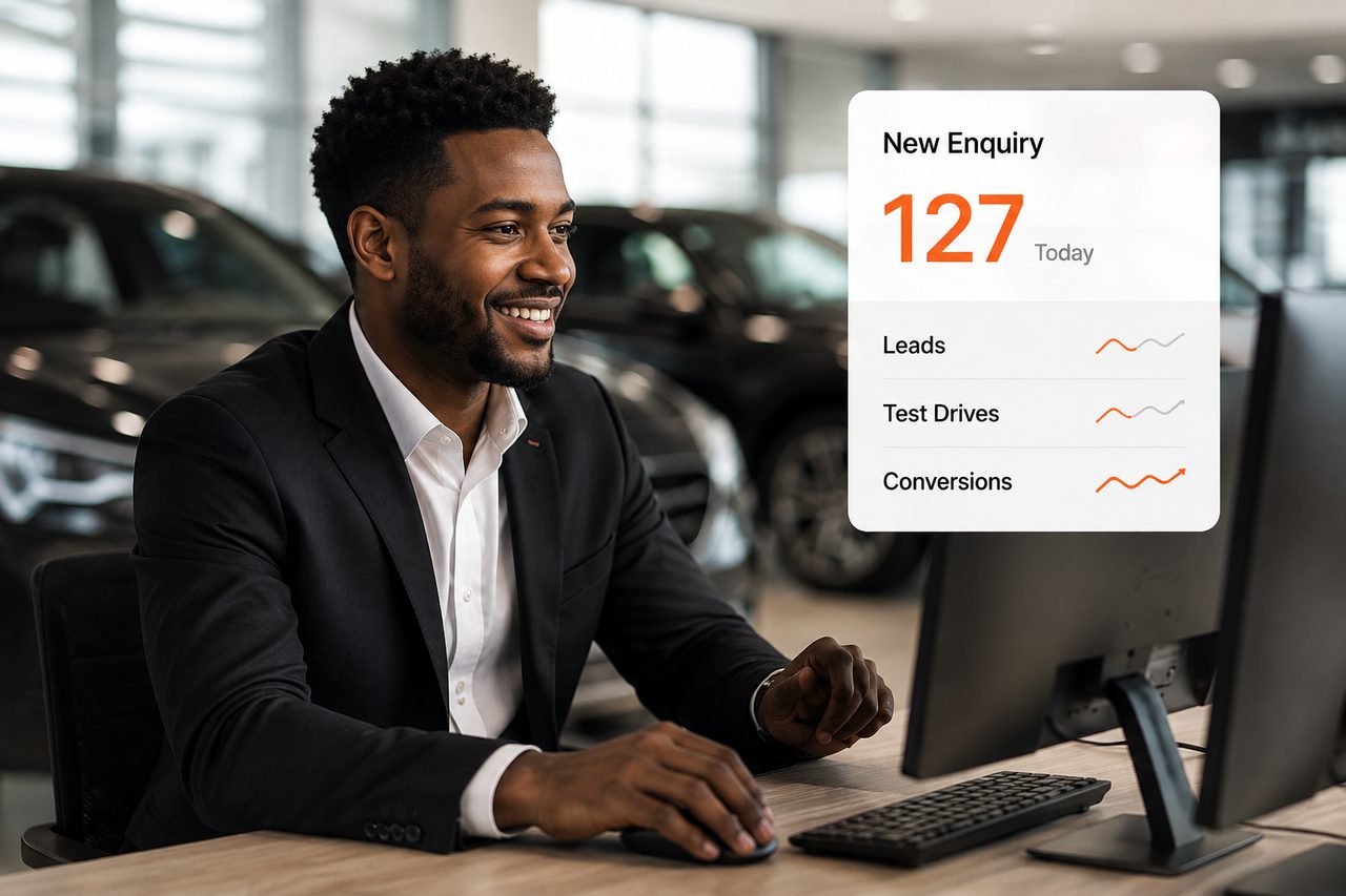 Automotive sales consultant managing customer enquiries through a digital lead management platform developed by AO.
