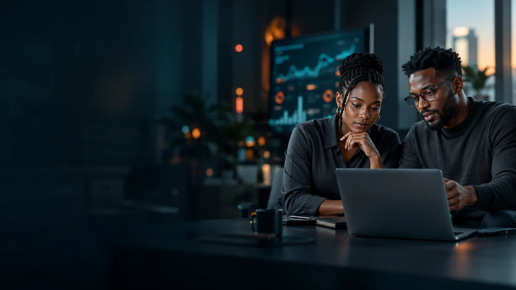 AI-generated illustration of two business professionals reviewing a laptop in a dark workspace with data displays.