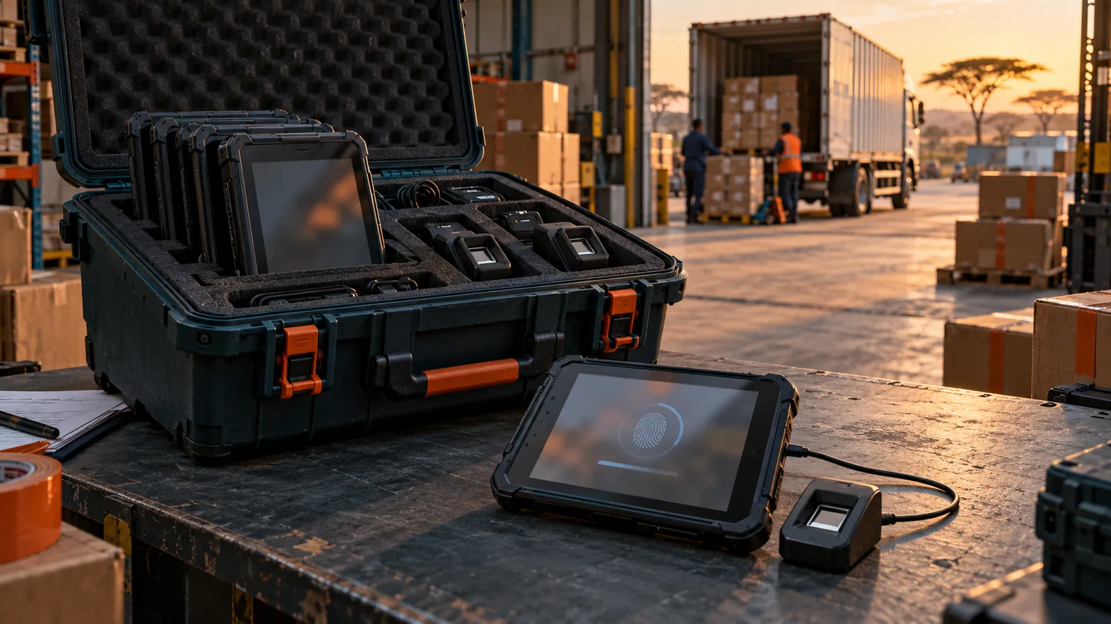 Rugged tablets and fingerprint readers packed for shipment, with a cargo truck in the background.