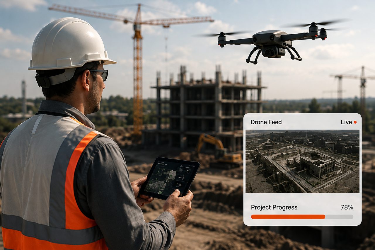 Construction engineer monitoring a drone-powered digital twin platform that provides real-time project intelligence developed by AO.