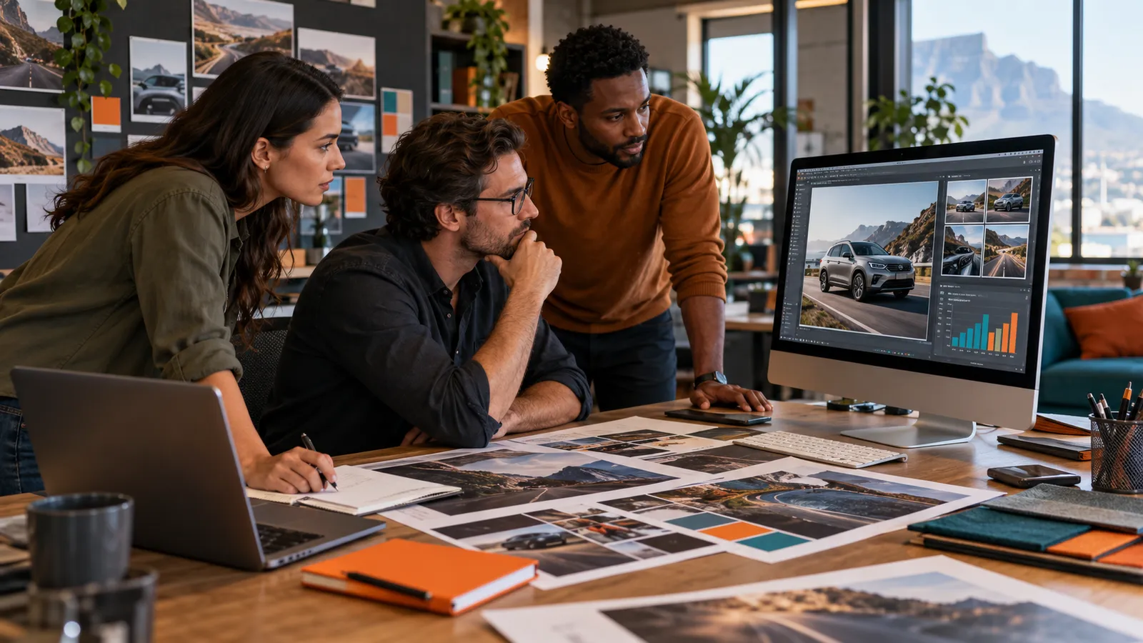 AI-generated scene of three marketing professionals reviewing automotive campaign designs on a monitor, with printed creative materials on the table.