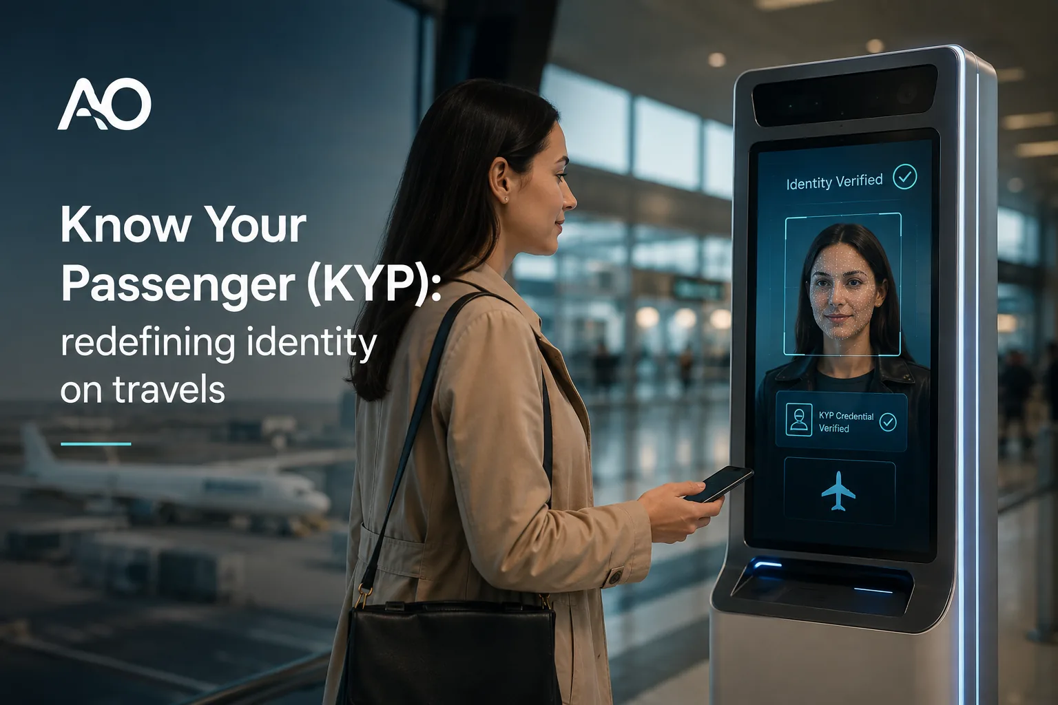 Traveller using biometric identity verification at an airport terminal.