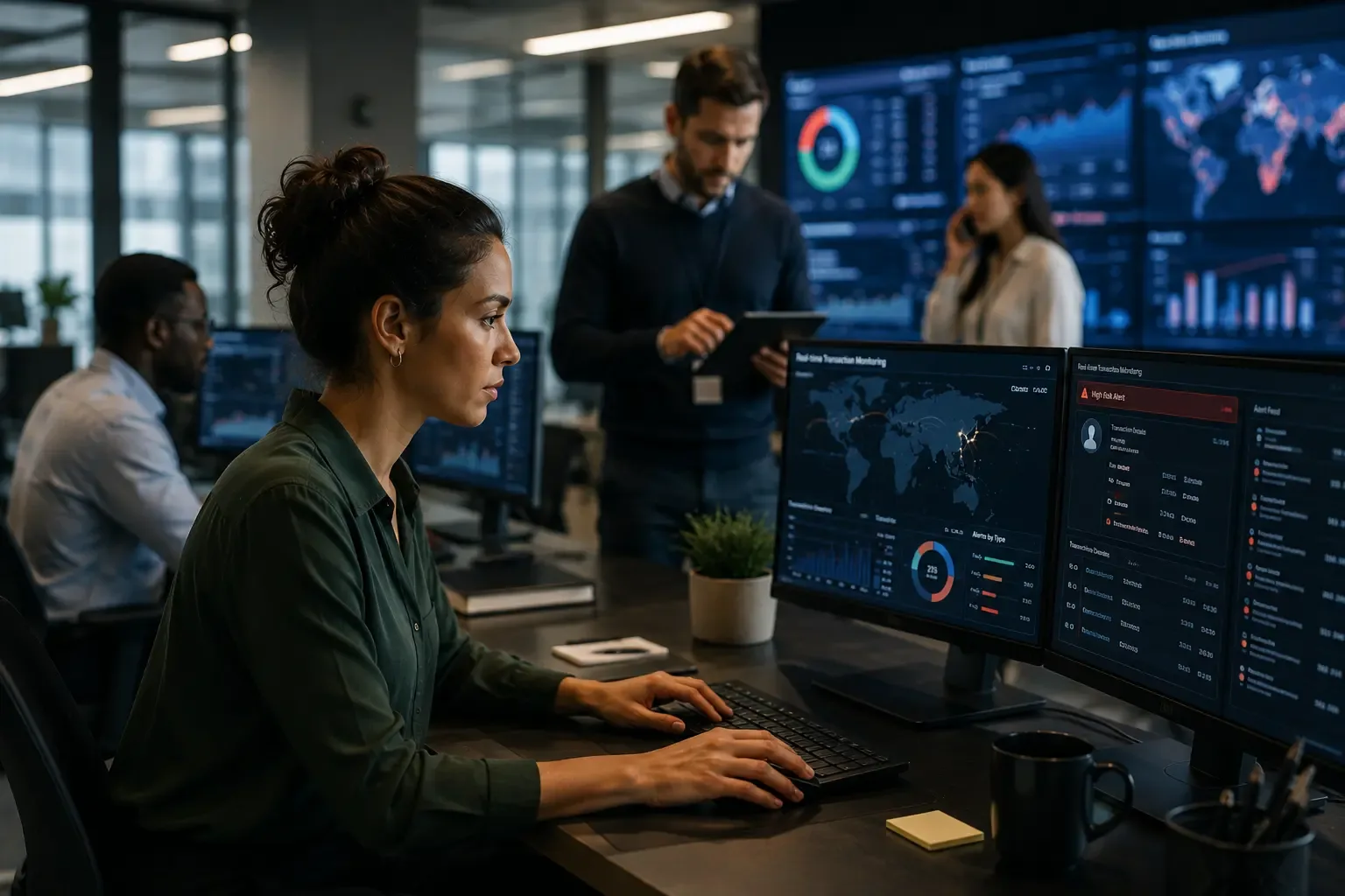 Fraud operations team monitoring real-time financial transaction risks.