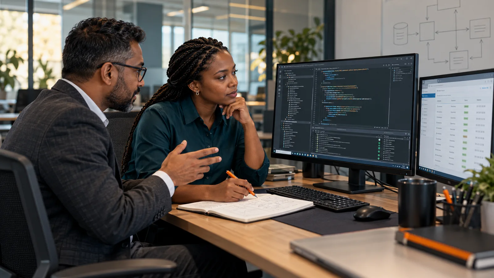AI-generated scene of two technical professionals reviewing software code and a service interface together at an office workstation.