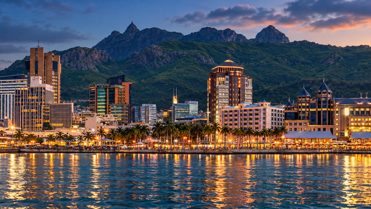 AI-generated view of the Port Louis waterfront at dusk, with mountains behind the skyline and warm lights reflected in the harbour.