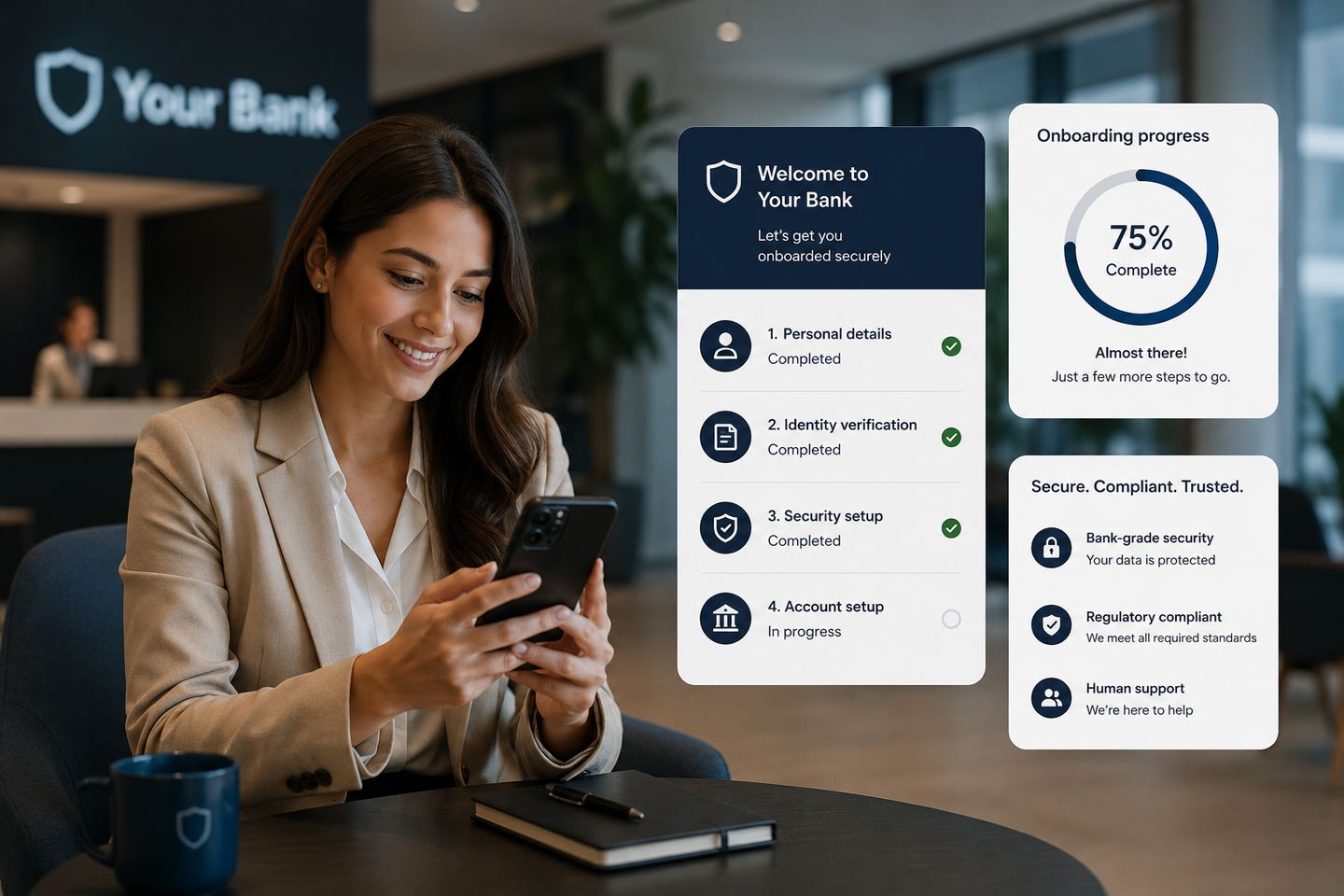 Bank customer completing secure digital onboarding and identity verification on a mobile application built by AO.
