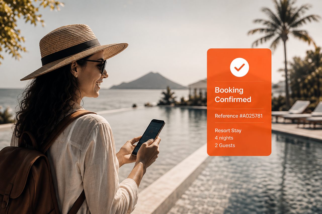 Business traveller using a mobile booking platform at a luxury island resort, demonstrating enterprise hospitality booking technology developed by AO.