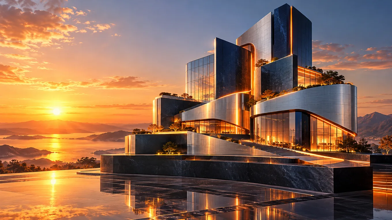 AI-generated conceptual illustration of connected architectural forms rising together, with orange light symbolising organisational growth.