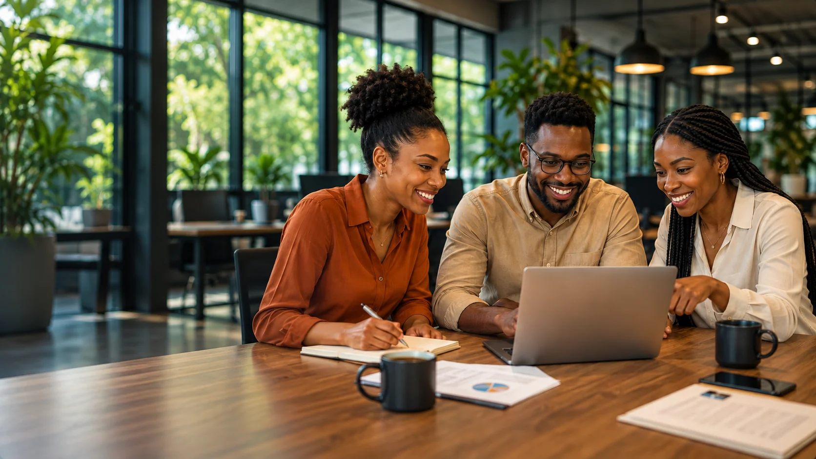 Illustrative image of financial technology professionals collaborating around a laptop.
