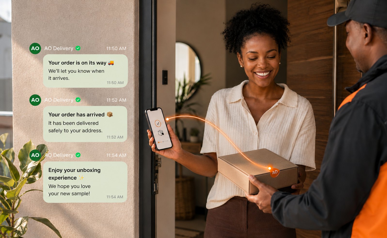 Customer receiving a delivery with real-time order tracking and unboxing notifications.