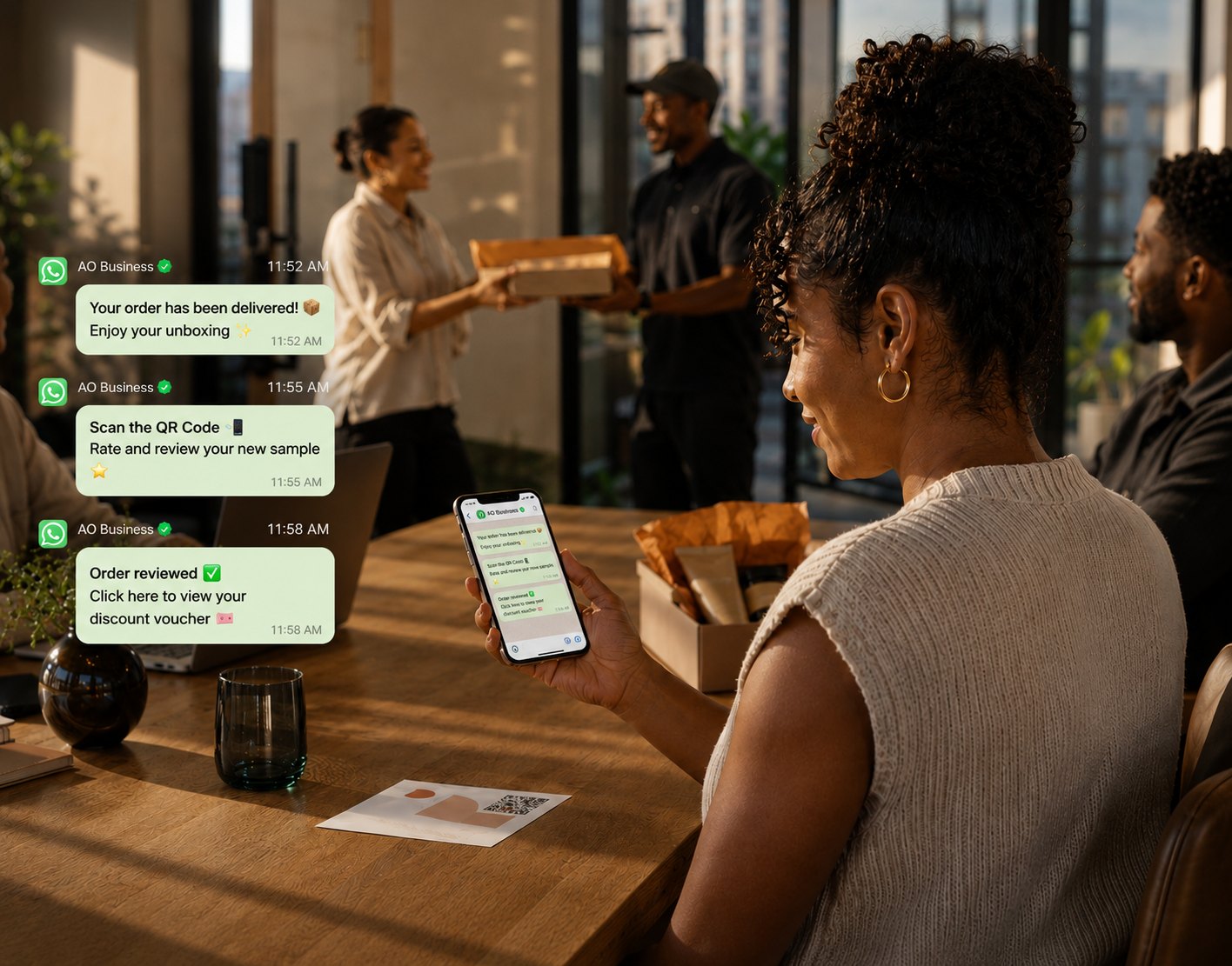 Customer using mobile and QR interactions to track, review and engage with a delivered product.