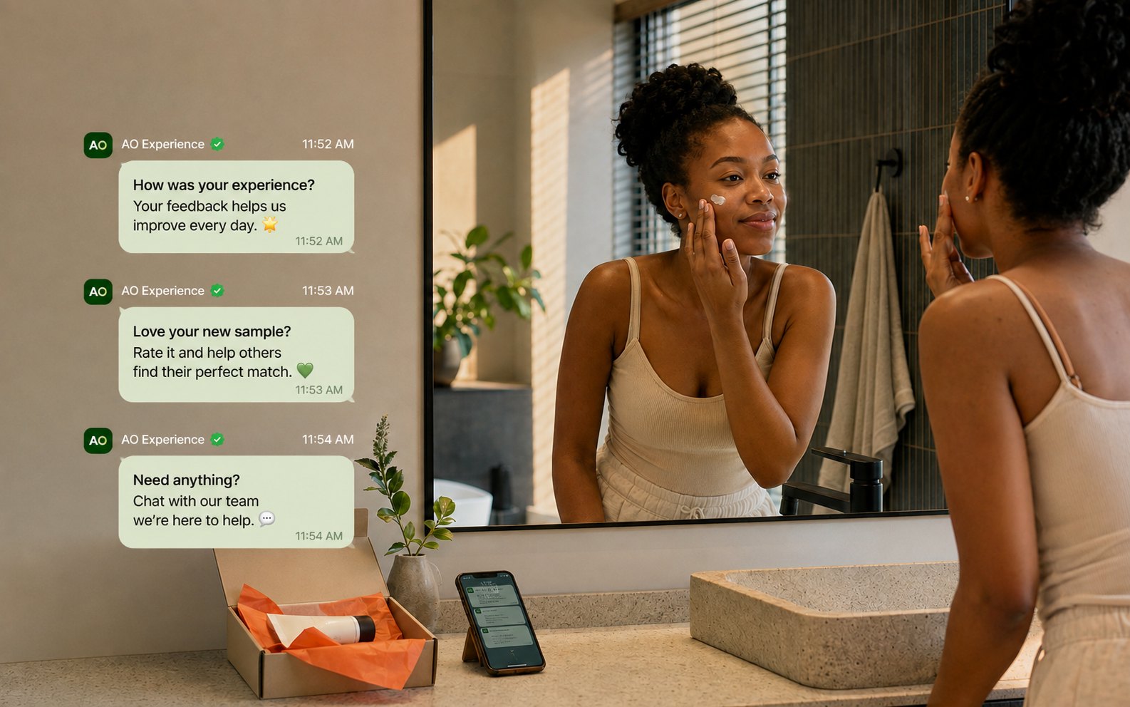 Customer trying a skincare product while receiving digital feedback and support prompts.