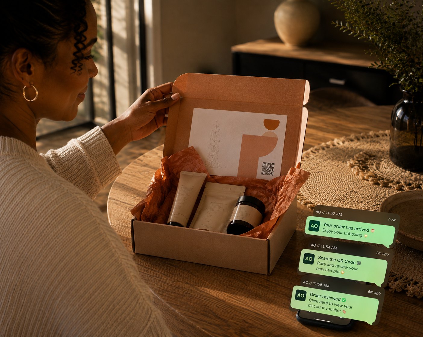 Customer unboxing a delivered product with review, QR and discount notifications on a nearby phone.