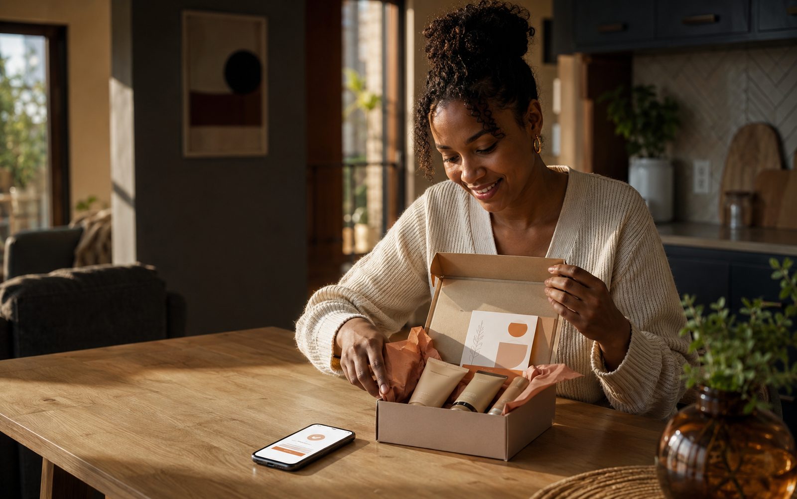 A consumer at a kitchen table opening a delivered product sampling box with a claim screen open on her phone