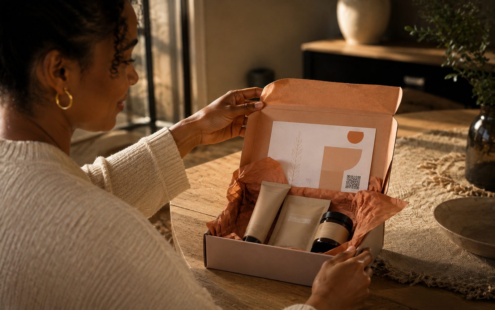Premium branded sample box being unboxed, with the packaging as part of the brand experience.